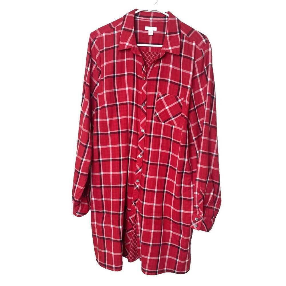 J Jill Sz L Tall LT Dress Plaid Pockets Tunic Top Red White Black Long Sleeve